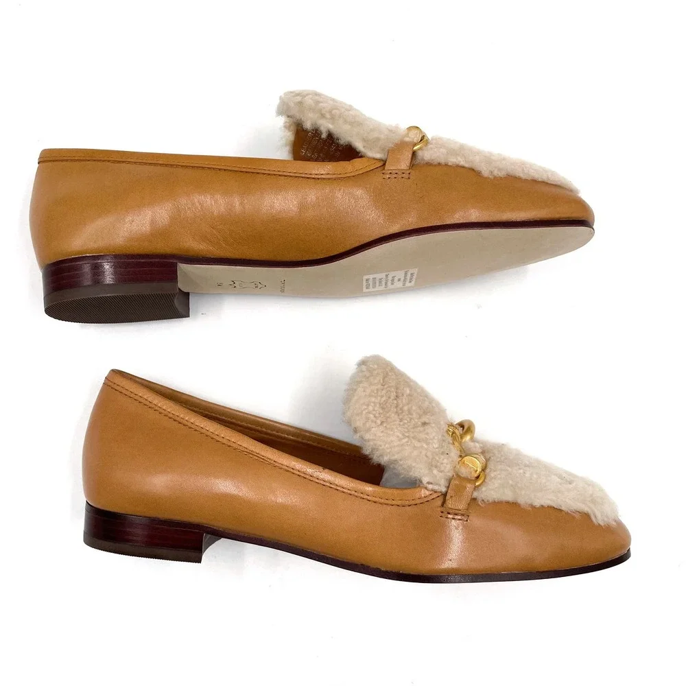 Tory Burch Jessa Shearling Loafers Caramel‎ Tan Leather Horsebit Sz 6.5 - Picture 4 of 10